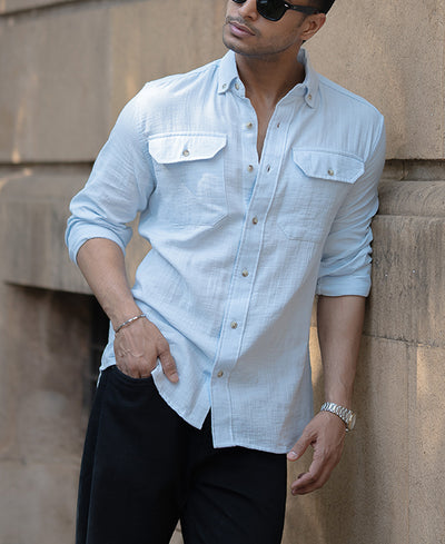 Sky Blue Double Pocket Regular Fit Full Sleeves Shirt