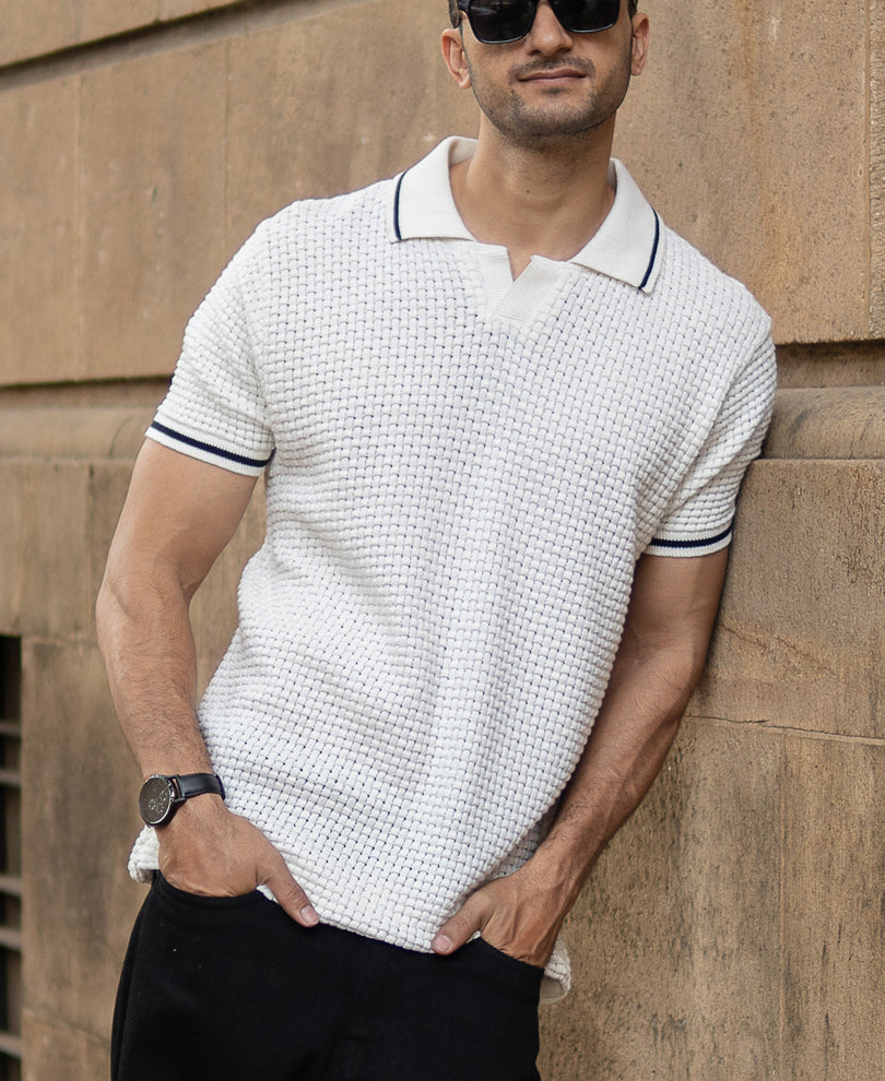 White Structured Knit T-Shirt