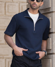 Navy Waffle Oversized Half Sleeves T-Shirt