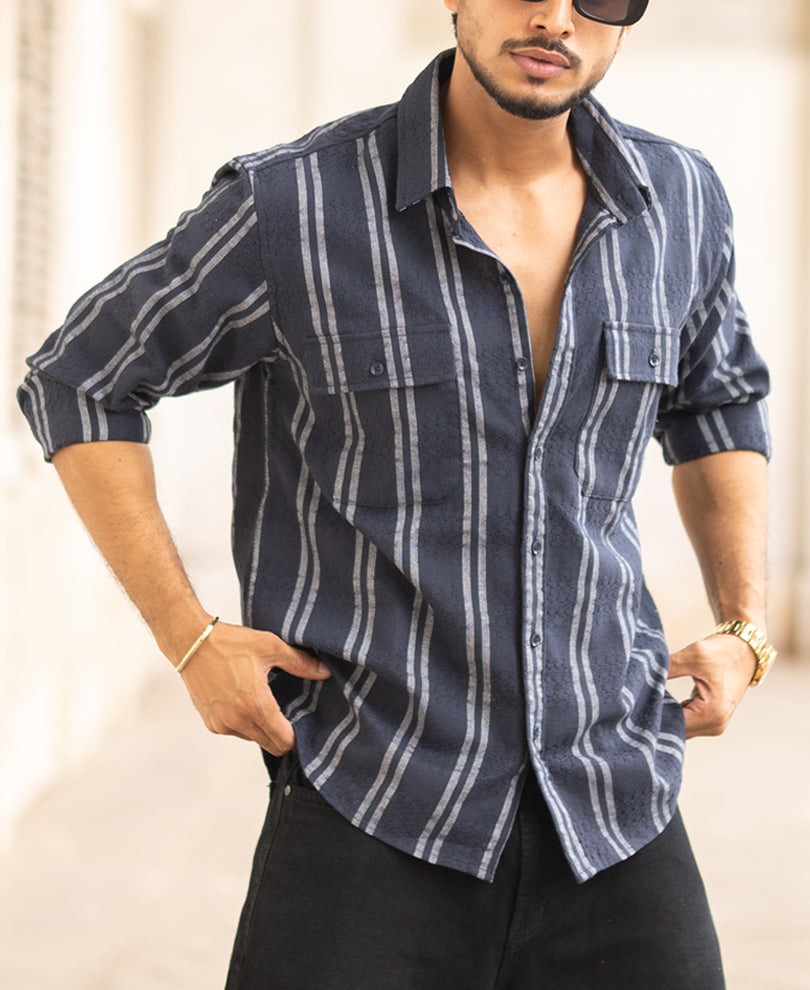 Navy Blue Striped Regular Fit Full Sleeves Shirt.