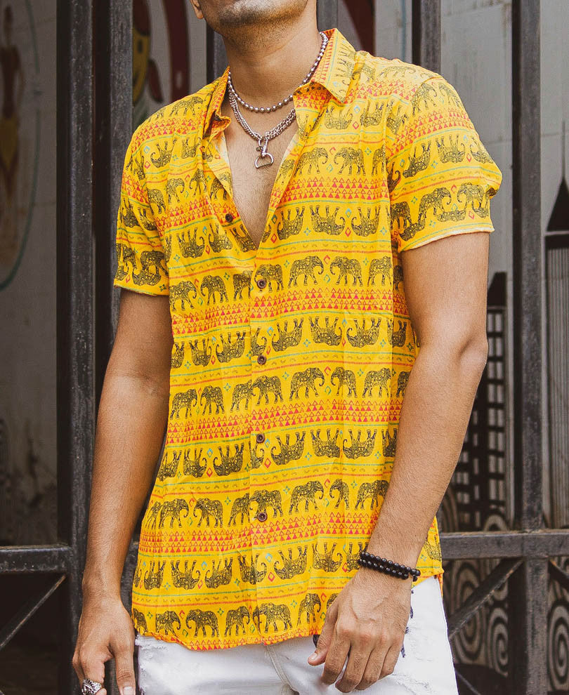 Yellow Elephant Print Half Sleeves Shirt