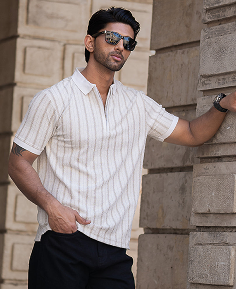 White Stripe Contrast Polo T-Shirt