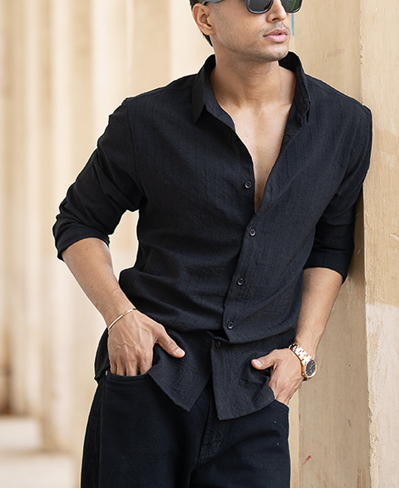 Black Striped Flowy Regular Fit Shirt