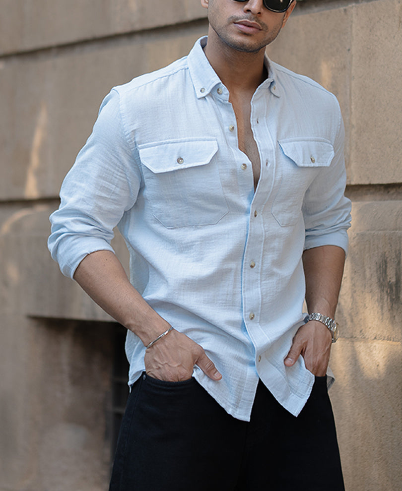 Sky Blue Double Pocket Regular Fit Full Sleeves Shirt