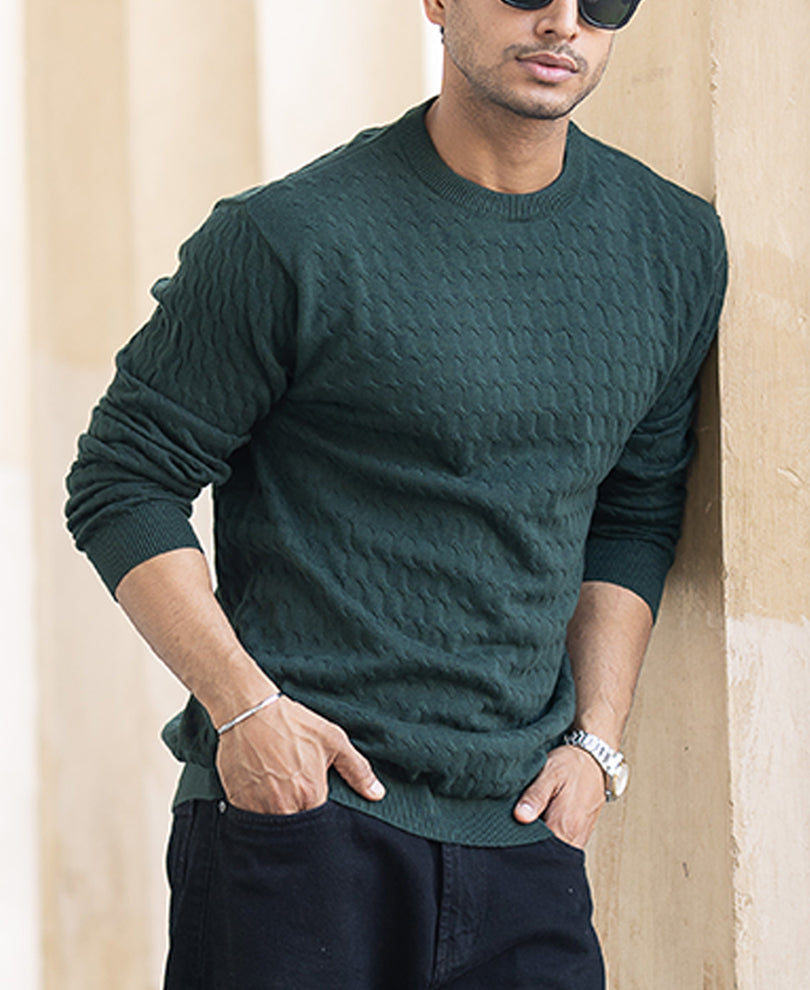 Olive Green Structured Regular Fit Full Sleeves T-Shirt