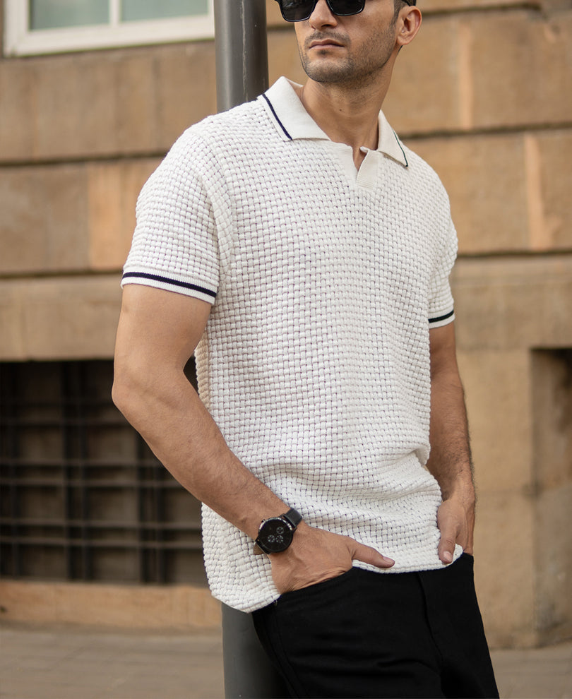 White Structured Knit T-Shirt