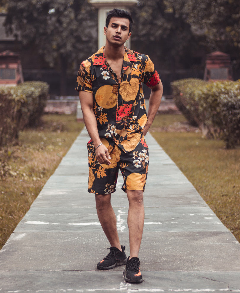 Black With Golden Flower Print Shirt and Shorts Set