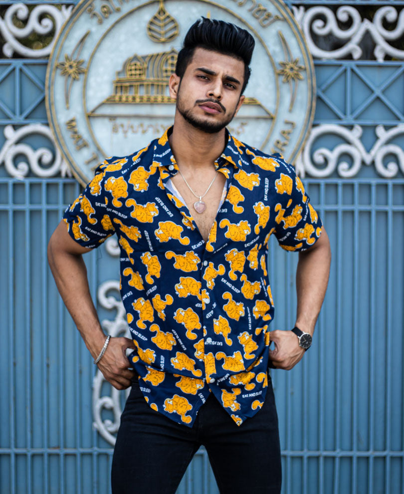 Navy Blue Garfield Cat Printed Half Sleeves Shirt
