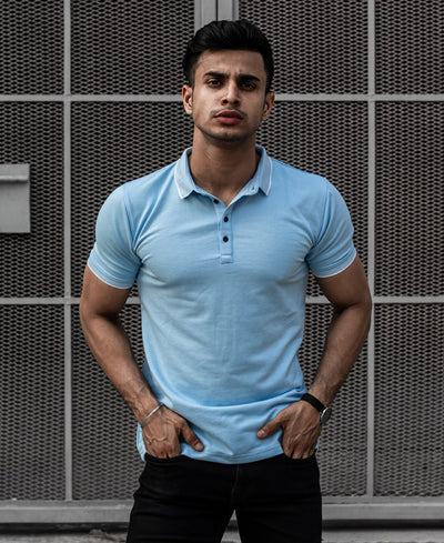 Sky Blue Polo Collar Half Sleeves T Shirt