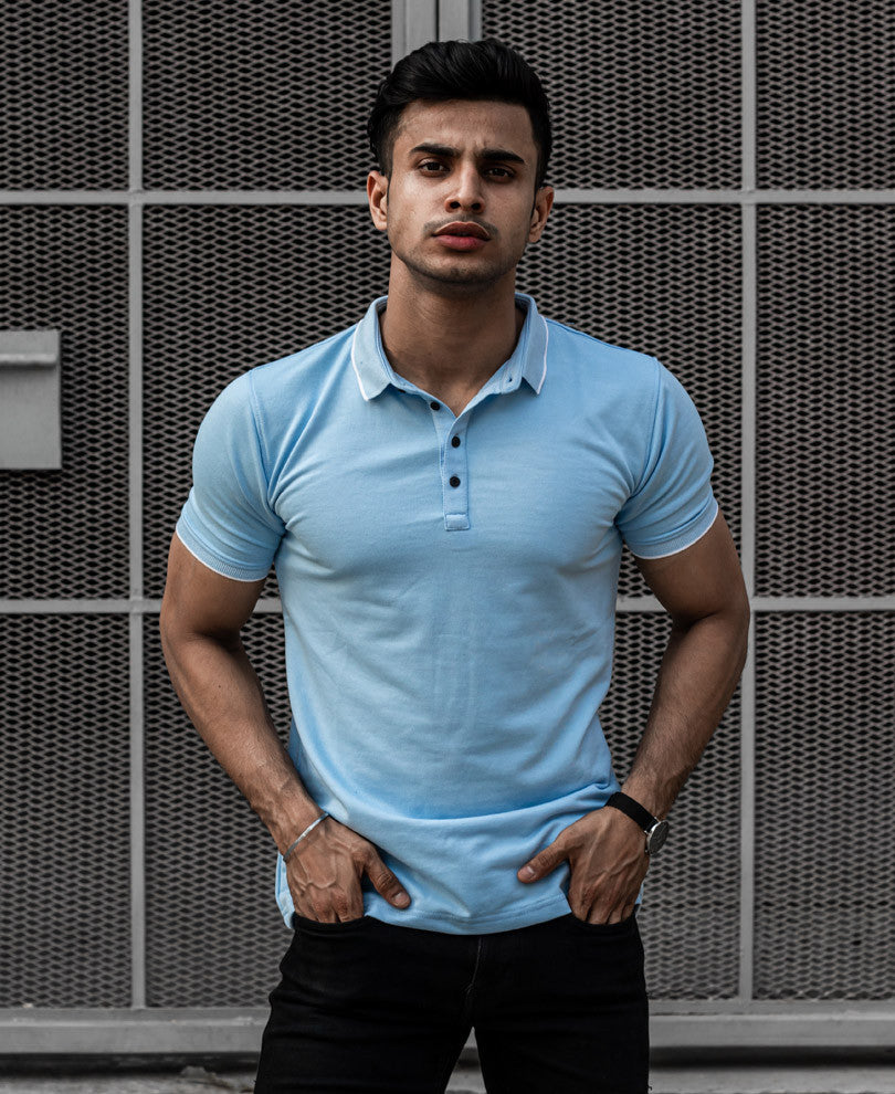 Sky Blue Polo Collar Half Sleeves T Shirt