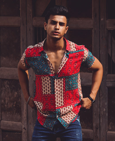 Red and Cream Patchwork Print Half Sleeves Shirt