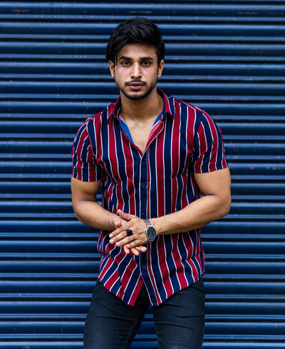 Red and Blue Casual Stripe Half Sleeves Shirt