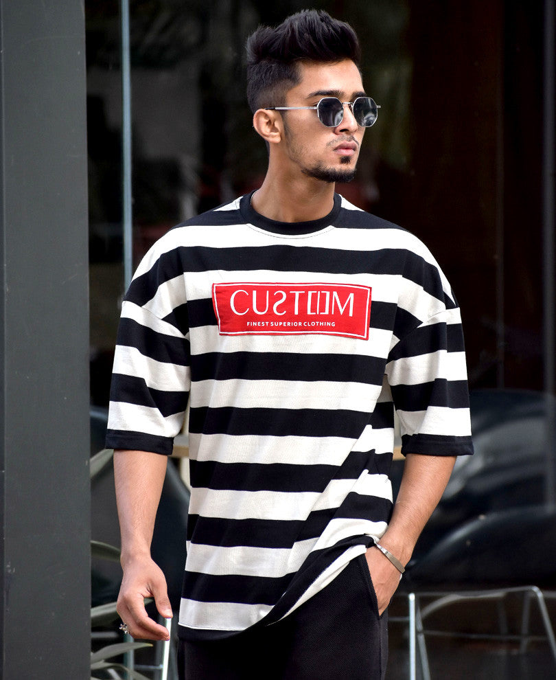 Black and Cream Custom Print Oversize Drop Shoulder T Shirt