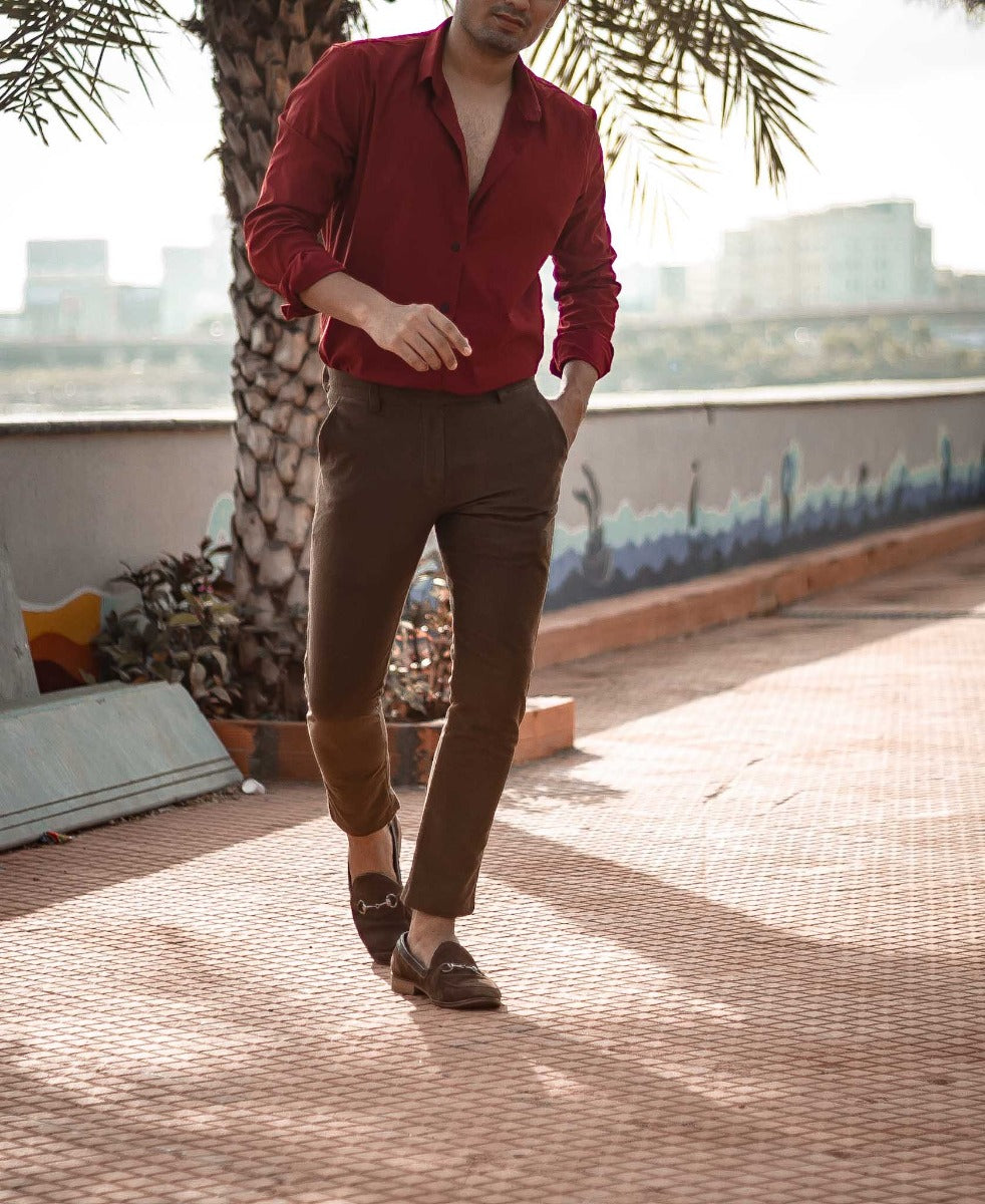 Mens Maroon Stretchable Full Sleeves Shirt