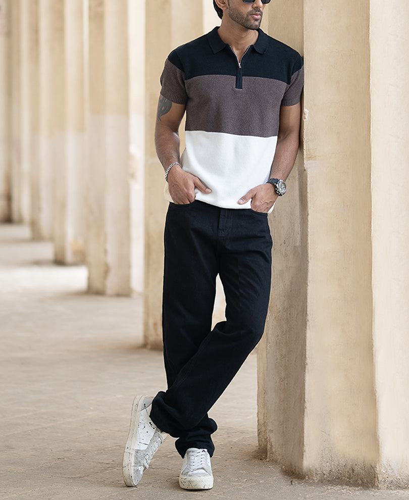 Colour Blocked Zipper Polo T-Shirt
