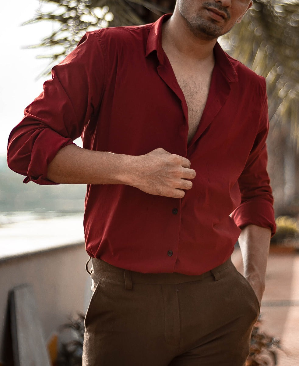 Mens Maroon Stretchable Full Sleeves Shirt