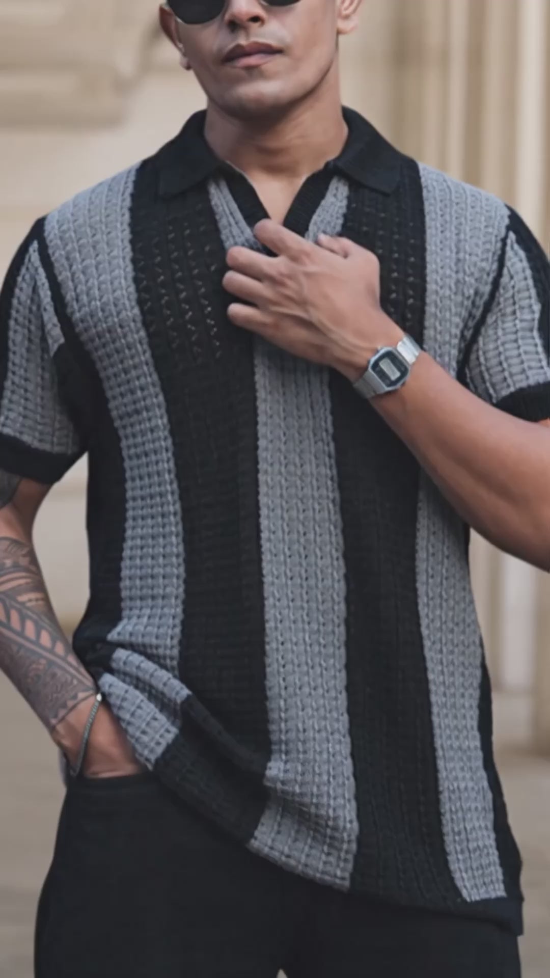 Load video: Black and Grey Crochet Striped Reglular Half Sleeves T Shirt