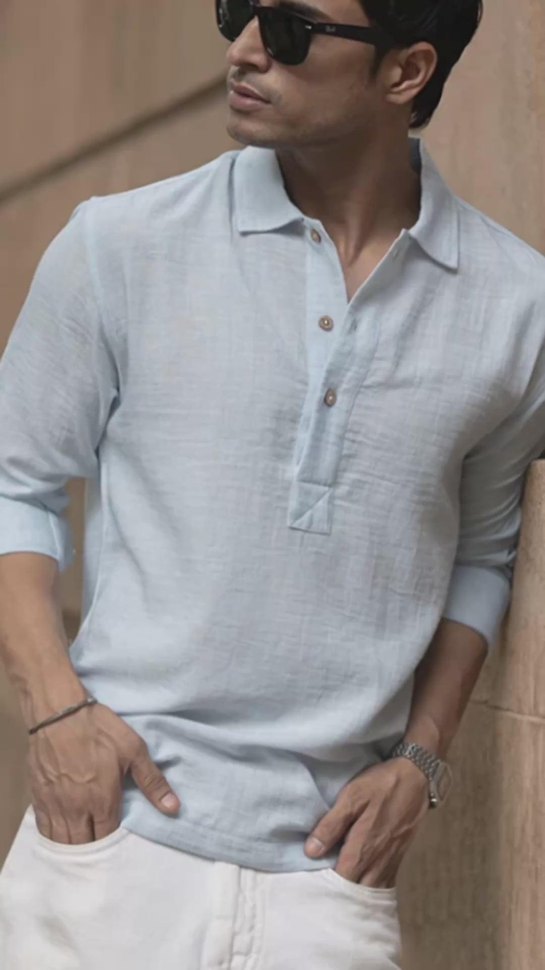 Load video: Light Blue Slub Kurta Shirt