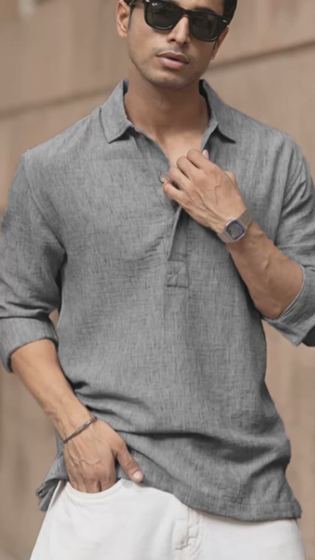 Load video: Dark Grey Slub Kurta Shirt