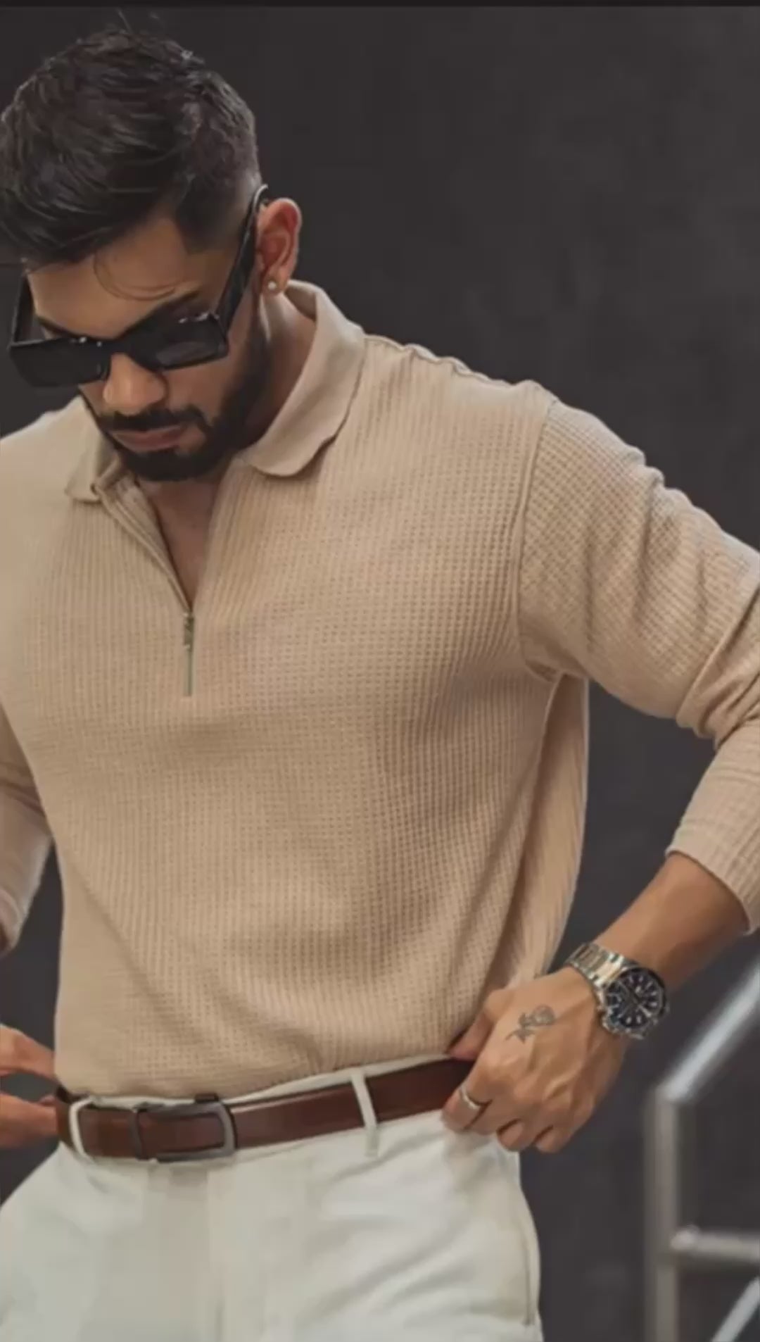 Load video: Light Fawn Waffle Design Regular Fit Full Sleeve T Shirt with Zipper