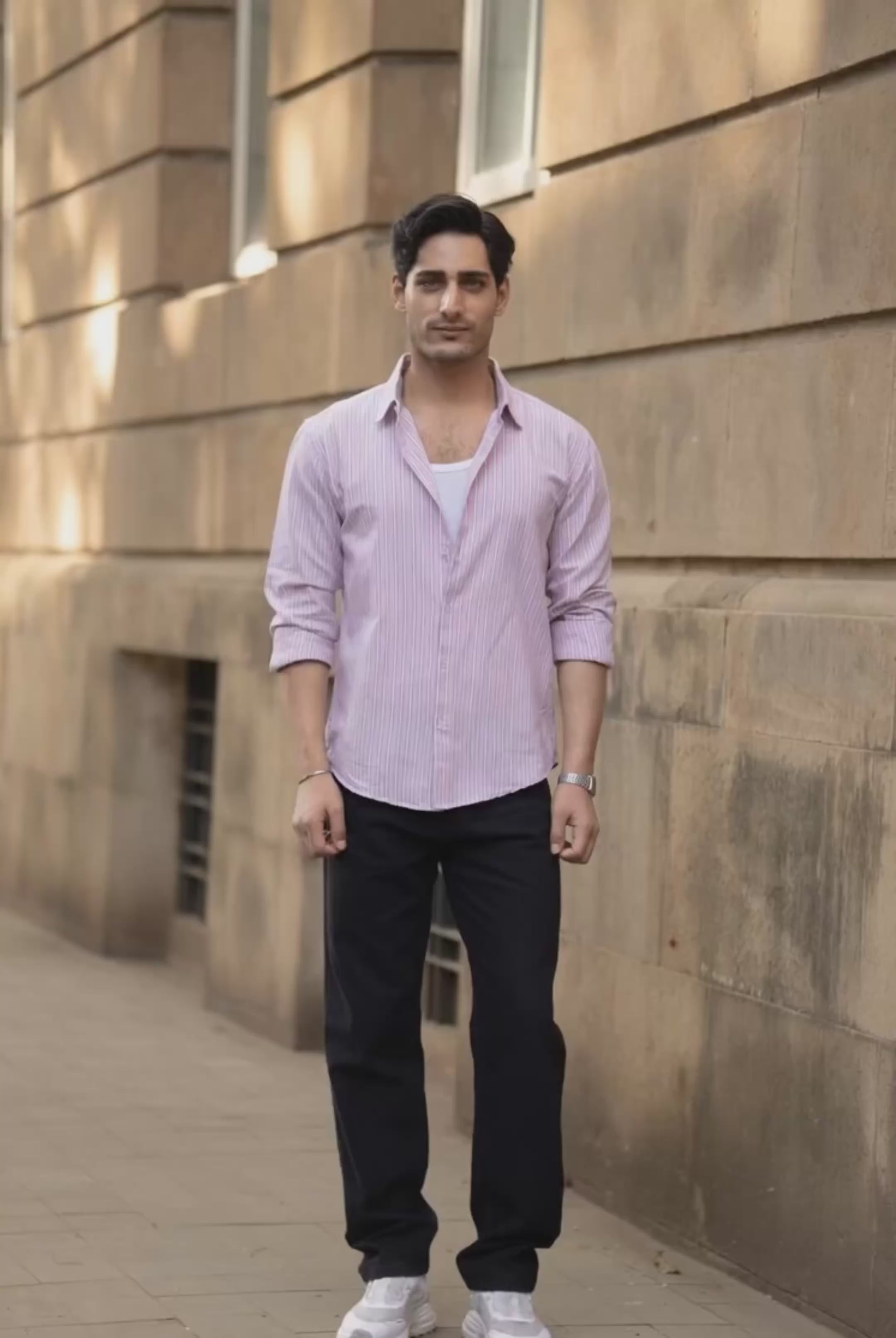 Load video: Light Pink Cotton Oxford Stripe Shirt.
