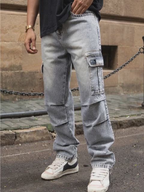 Load video: Grey Washed Baggy Cargo Jeans