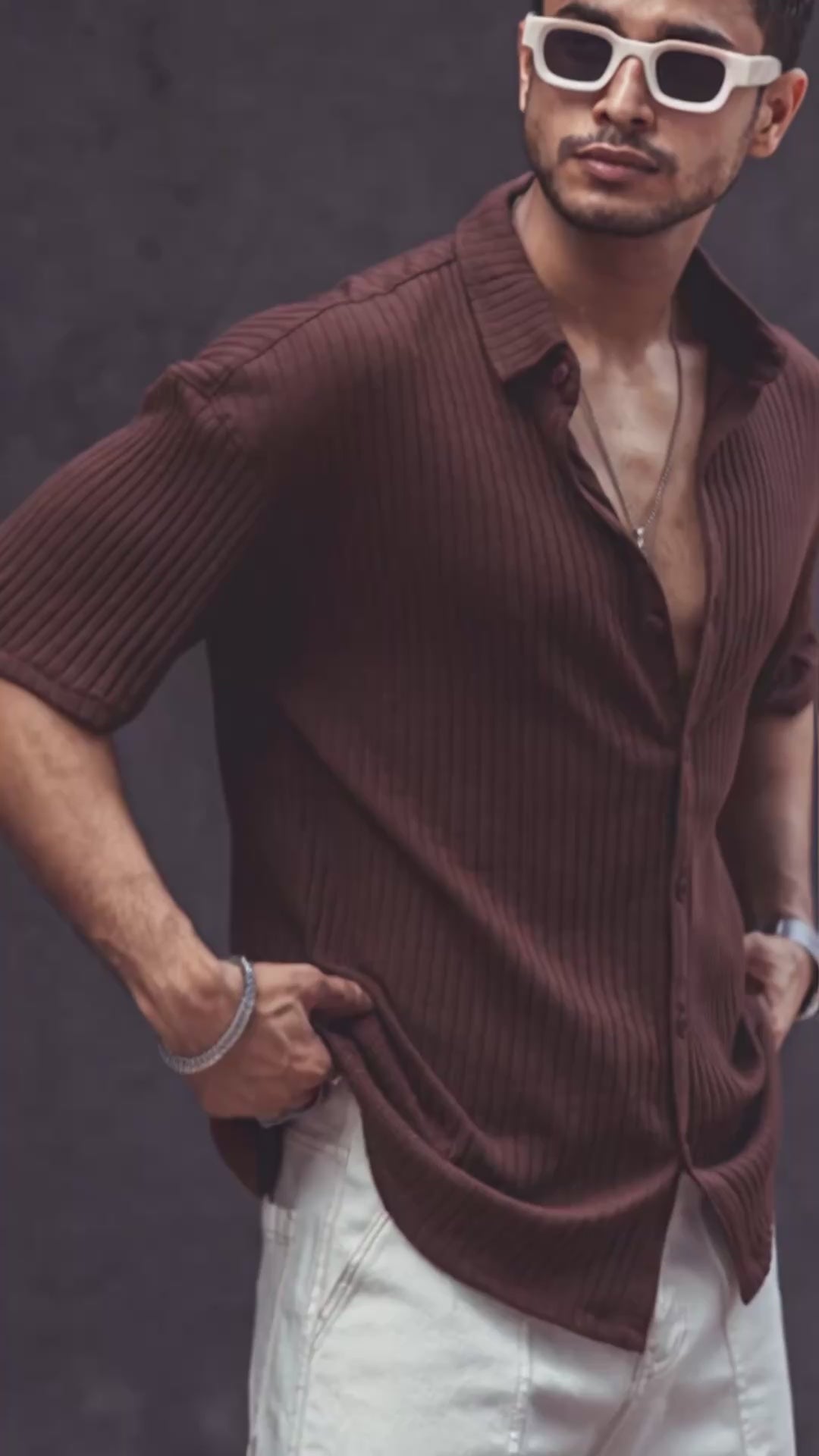 Load video: Brown Rib Knit Oversize Drop Shoulder Shirt