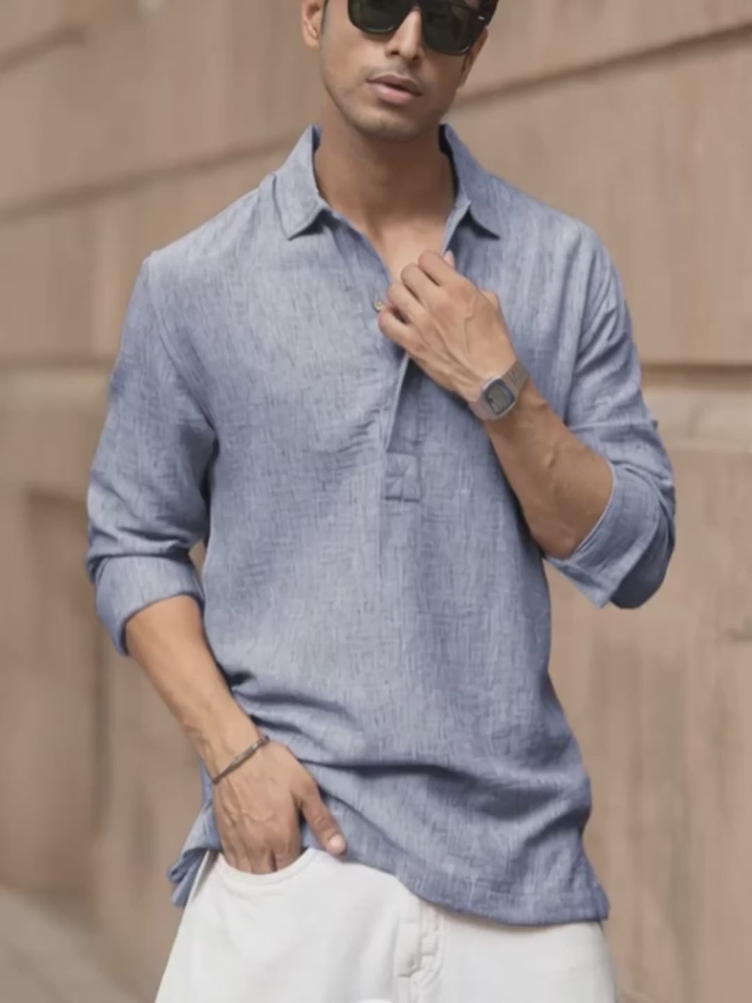 Load video: Blue Slub Kurta Shirt