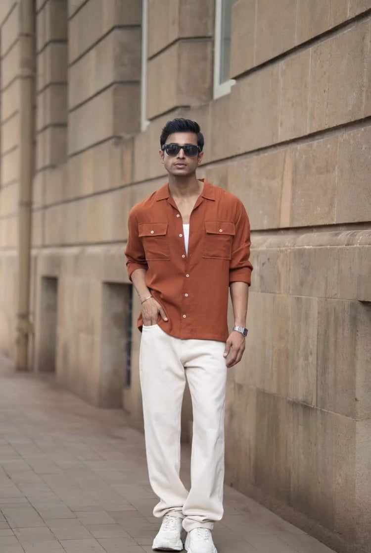 Load video: Tan Linen Double Pocket Shirt.