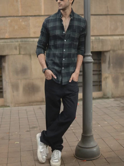 Load video: Dark Green Checks Lightweight Shirt