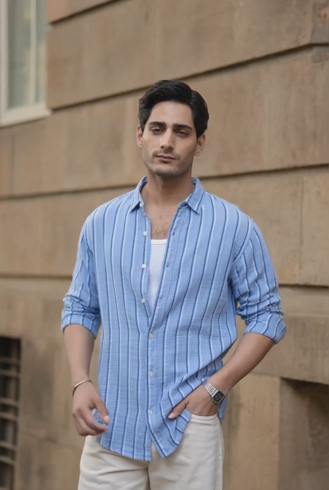 Load video: Blue Double Cloth Striped Shirt