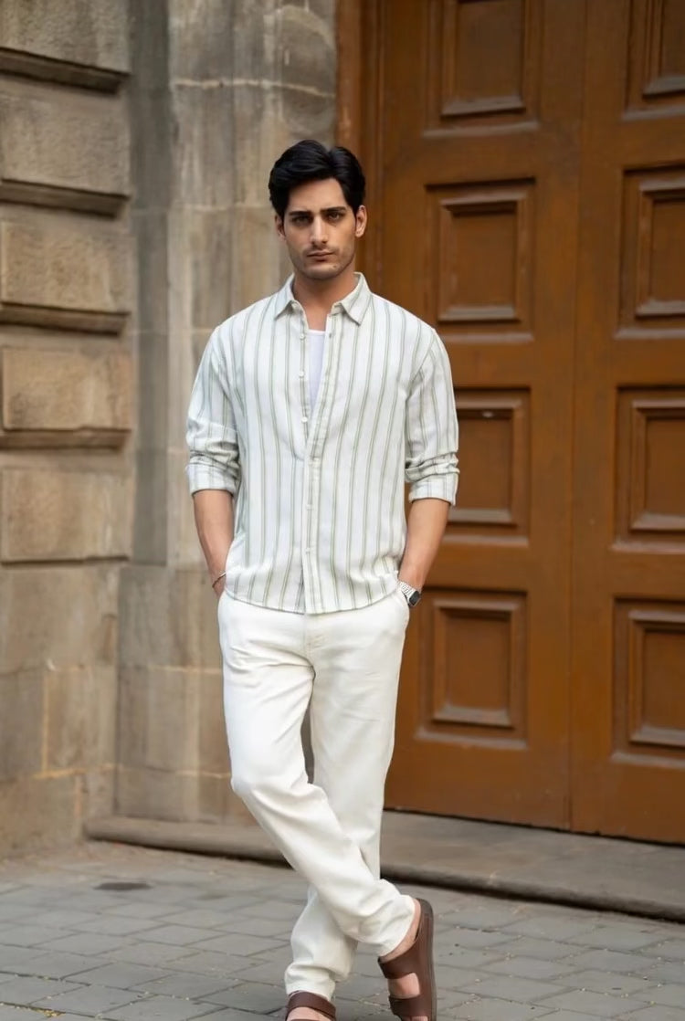Load video: Natural &amp; Green Broad Stripe Shirt.