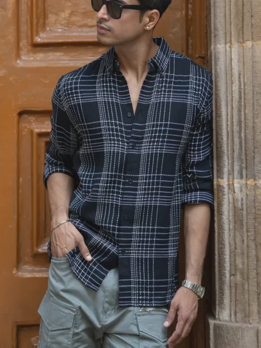 Load video: Black Structured Checked Shirt