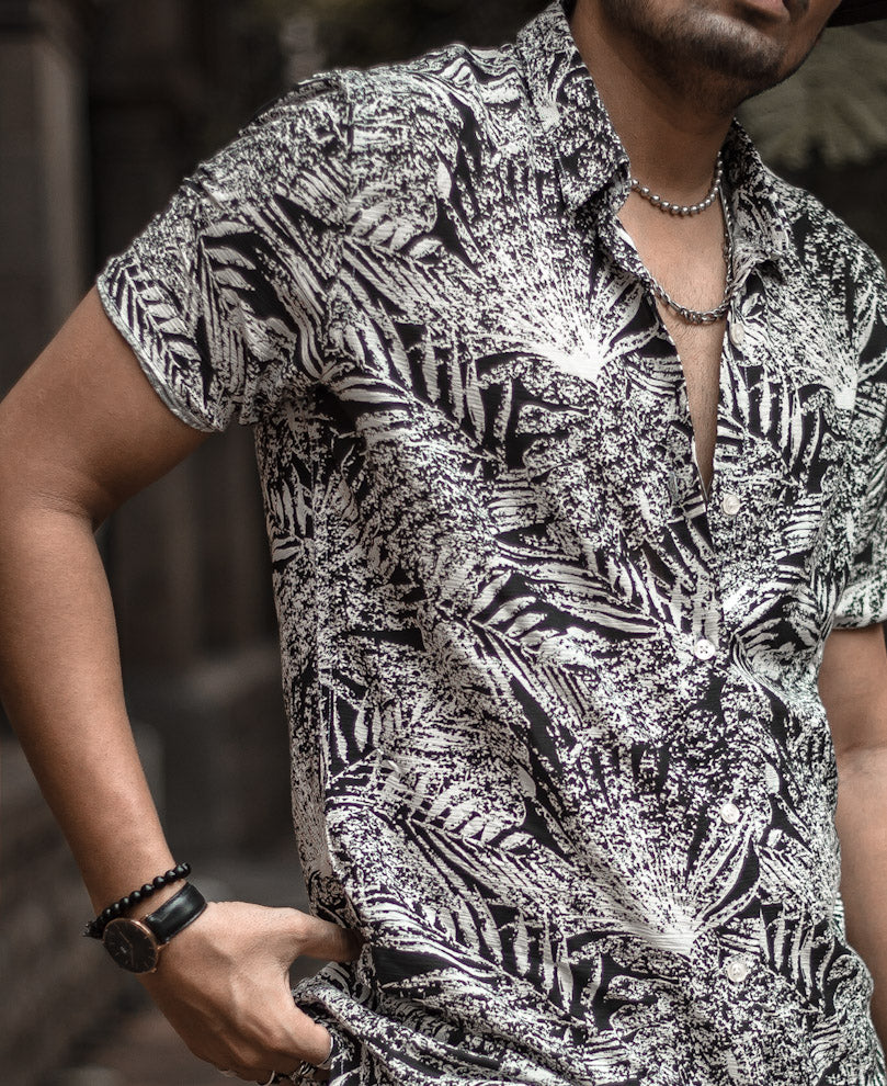 Black and White Leaves Printed Half Sleeves Shirt