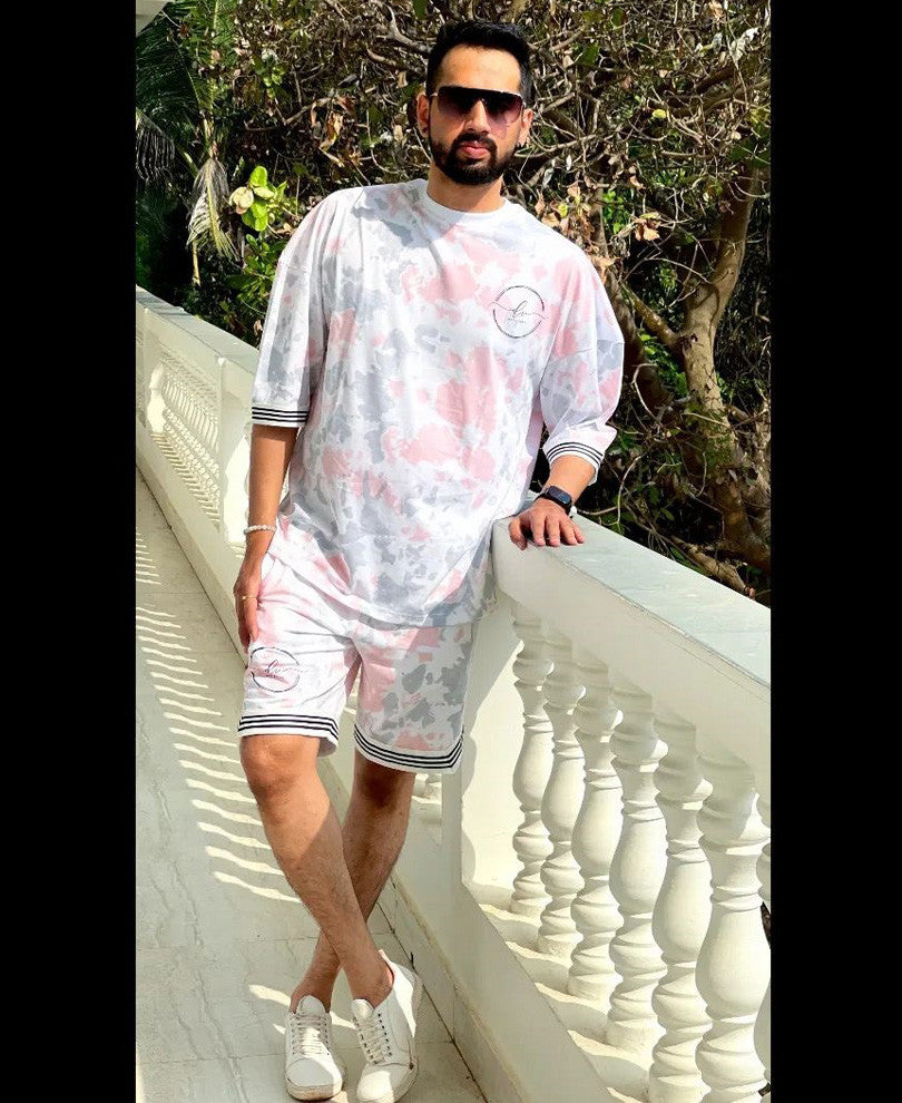 White and Pink Stripe Tie-Dye Oversize Drop Shoulder Shorts Set
